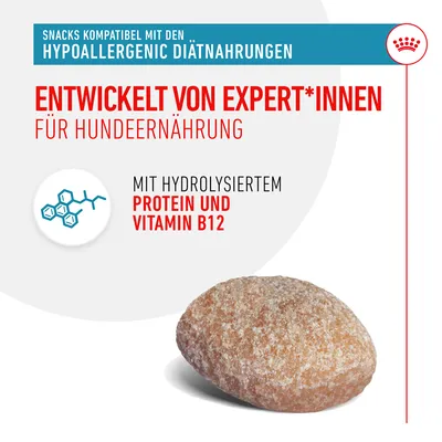 Snacks kompatibel mit hypoallergenen Diätnahrungen. Entwickelt von Expert*innen für Hundeernährung. Mit hydrolysiertem Protein und Vitamin B12.