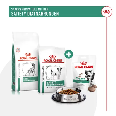 Royal Canin Satiety Weight Management Diätnahrung für Hunde, kompatible Snacks und Futterschale. Verpackungen zeigen Produktnamen und Bilder von Hunden.