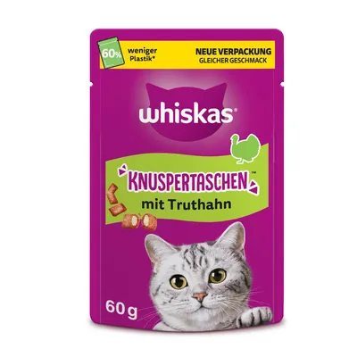 Whiskas Knuspertaschen mit Truthahn, 60g. Neue Verpackung mit 60% weniger Plastik, gleicher Geschmack.