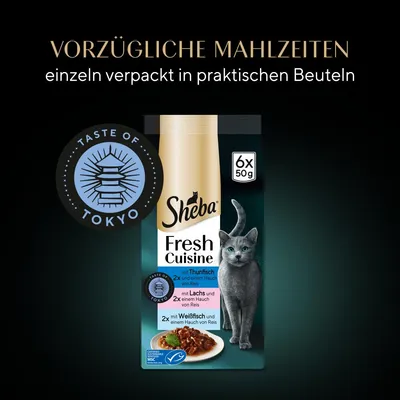 Sheba Fresh Cuisine, einzeln verpackt in praktischen Beuteln. Geschmack: Taste of Tokyo mit Thunfisch, Lachs und Weissfisch, jeweils mit einem Hauch von Reis. Packung: 6x50g.