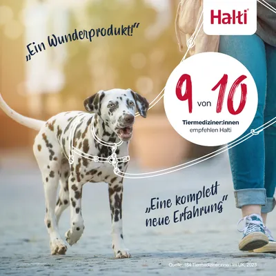 Halti. 9 von 10 Tiermediziner:innen empfehlen Halti. Zitate: 'Ein Wunderprodukt!' und 'Eine komplett neue Erfahrung'. Quelle: 184 Tiermediziner:innen im UK, 2023.