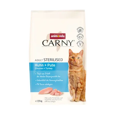 Sac Animonda Carny Adult Sterilised Huhn + Pute 1,75 kg, image d’un chat roux, mentions sans sucre ajouté, sans colorants artificiels, avec Yucca schidigera, texte en allemand et anglais.