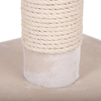 Columna rascadora envuelta con cuerda de sisal, base de felpa beige visible.