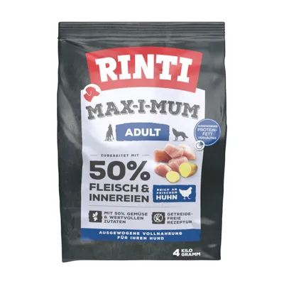 Rinti Max-i-mum Adult, zubereitet mit 50% Fleisch & Innereien, reich an frischem Huhn, getreidefreie Rezeptur, ausgewogene Vollnahrung für Hunde, 4kg Packung.