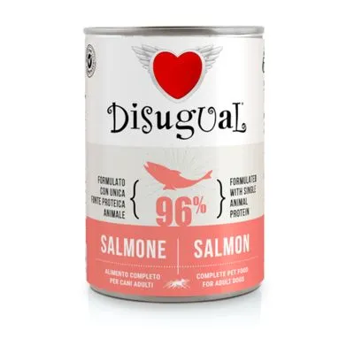Disugual natvoer voor honden, 96% zalm, complete voeding voor volwassen honden. Tekst op blik: 'Formulated with single animal protein', 'Salmone', 'Salmon'.