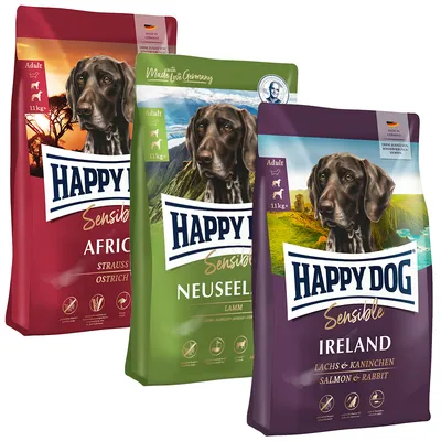 Happy Dog Sensible Trockenfutter für Hunde, Sorten: Africa (Strauß), Neuseeland (Lamm), Ireland (Lachs & Kaninchen), jeweils 11kg. Made in Germany, ohne Konservierungsstoffe.