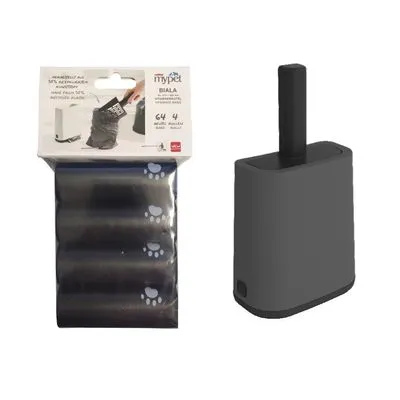mypet Biala hondenpoepzakjes, 64 stuks, gemaakt van 51% gerecycled plastic, verpakking met vier rollen en houder, zwarte zakjes met pootafdrukken zichtbaar.