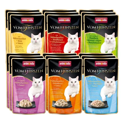 Animonda Vom Feinsten vrećice za mačke, vidljive varijante: piletina sa sirom, govedina u umaku od rajčice, losos, pureća prsa, bijela tuna, lignje i alge. Tekst na njemačkom.