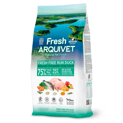 Arquivet Fresh Free Run Duck krmivo pro psy, 75 % čerstvého masa a ryb, 25 % zeleniny. Bez lepku, bez umělých barviv a aromat. Vhodné pro všechna plemena.