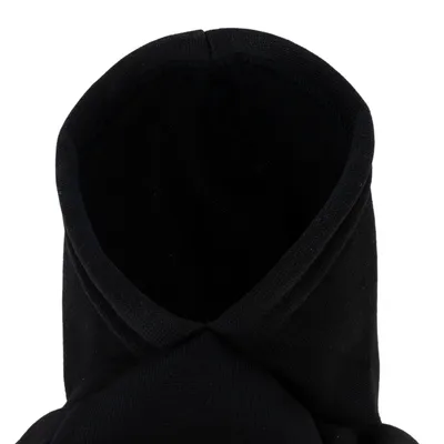Schwarzer Stoff mit Kapuzenform, geeignet für Bekleidungsartikel oder Accessoires.