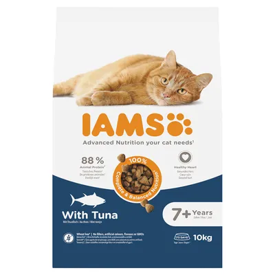 IAMS Katzenfutter mit Thunfisch, 88% tierisches Protein, 100% ausgewogene Ernährung, für Katzen ab 7 Jahren. Ohne Füllstoffe, künstliche Farben, Aromen oder Gentechnik. Packung 10kg.