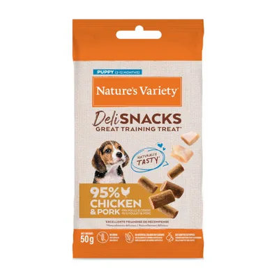 Nature's Variety Deli Snacks voor puppy's (2-12 maanden), 95% kip en varken, Great Training Treat, netto gewicht 50g, natuurlijk lekker.