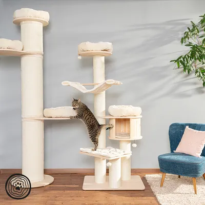 Wooden cat tree with multiple levels, resting areas and a cave. Cat climbing onto a platform. Suitable for cats to play and relax.