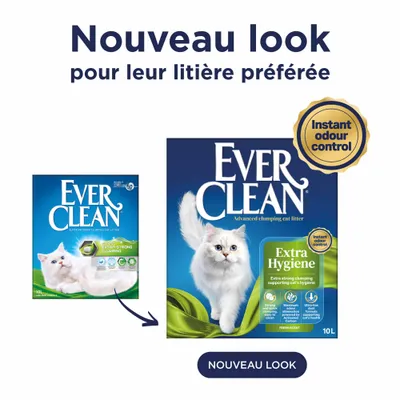 Ever Clean Extra Hygiene litière pour chat avec nouveau design d'emballage, mention du contrôle instantané des odeurs et texte « Nouveau look pour leur litière préférée ». Ever Clean Extra Hygiene litière pour chat avec nouveau design d'emballage, mention du contrôle instantané des odeurs et texte « Nouveau look pour leur litière préférée ».