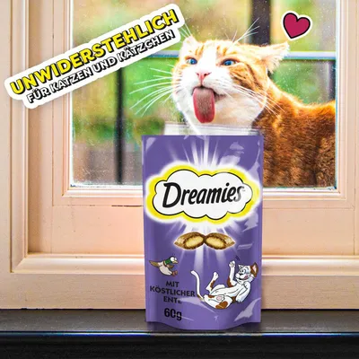 Dreamies mit köstlicher Ente, 60g. Unwiderstehlich für Katzen und Kätzchen.