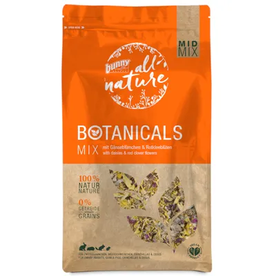 Bunny Nature Botanicals Mix met madeliefjes en rode klaverbloemen, 100% natuur, 0% granen. Voor dwergkonijnen, cavia’s, chinchilla’s en degoes. Vegan product zichtbaar op verpakking.