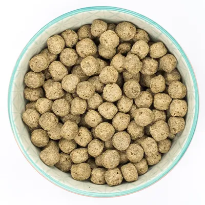 Bowl with brown, spherical dry food pieces. Product image for pet food.