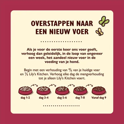 Overstappen naar een nieuw voer: geleidelijk mengen van huidig voer met Lily's Kitchen in 4 fasen, dag 1–2 tot vanaf dag 9 alleen Lily's Kitchen. Uitleg over stapsgewijze overgang.
