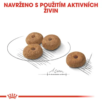 Čtyři granule s otvorem uprostřed, měřítko 1 cm. Text: NAVRŽENO S POUŽITÍM AKTIVNÍCH ŽIVIN.