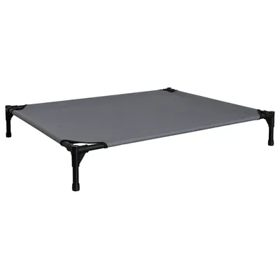 Raised dog bed with grey lying surface and black metal frame, rectangular shape.