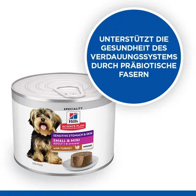 Hill's Science Plan Sensitive Stomach & Skin Small & Mini Adult 1-6 mit Truthahn. Unterstützt die Gesundheit des Verdauungssystems durch präbiotische Fasern.