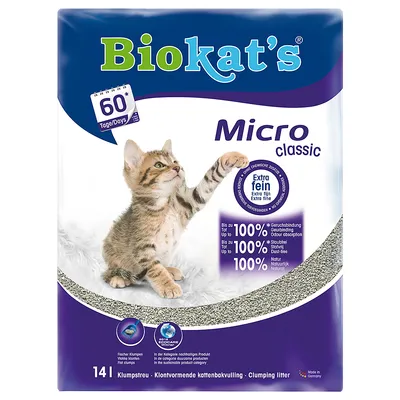 Biokat's Micro Classic klumpestrø, ekstra fint, op til 100% lugtbinding, støvfrit og naturligt. Indhold: 14L, egnet til bæredygtig kattepleje. Made in Germany.