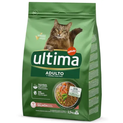 Affinity Ultima Adulto 1–10 años, salmón, para gatos. Envase de 2,5 kg. Texto visible: pelo brillante y piel cuidada, fácil de digerir, sin colorantes ni conservantes añadidos.