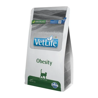 Sac de croquettes VetLife Obesity pour chats, texte visible : Food for cats, feline formula, Farmina Pet Foods, 2 kg, Net Wt. 4.4 lb.