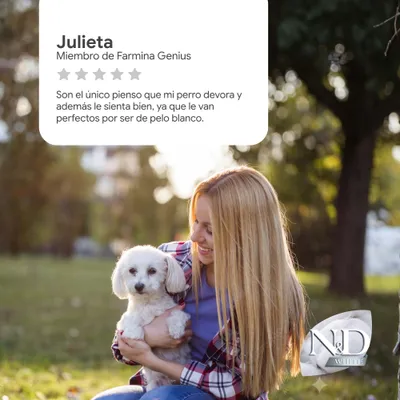 Escala de valoración con 5 criterios, texto: Julieta, miembro de Farmina Genius. Reseña sobre alimento para perros blancos. Logotipo de N&D White en la parte inferior derecha. Escala de valoración con 5 criterios, texto: Julieta, miembro de Farmina Genius. Reseña sobre alimento para perros blancos. Logotipo de N&D White en la parte inferior derecha.