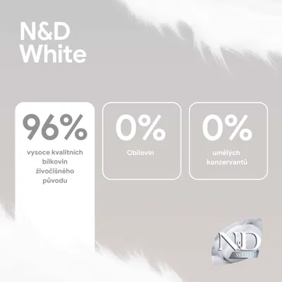 N&D White: 96% kvalitných živočíšnych bielkovín, 0% obilnín, 0% umelých konzervačných látok. N&D White: 96% kvalitných živočíšnych bielkovín, 0% obilnín, 0% umelých konzervačných látok.