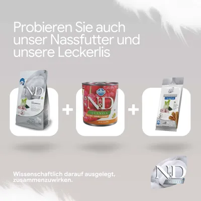 Probieren Sie auch unser Nassfutter und unsere Leckerlis. N&D White Coat Trockenfutter, N&D Quinoa Hering & Kokos Nassfutter, N&D White Coat Dental Treats.