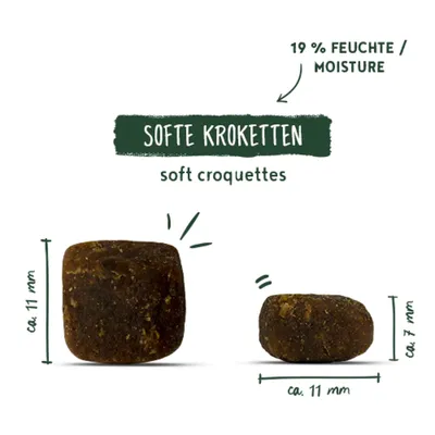 Softe Kroketten mit ca. 19% Feuchte, Maße: Durchmesser ca. 11 mm, Höhe ca. 11 mm und ca. 7 mm. Beschriftung auf Deutsch und Englisch.