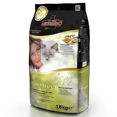 Опаковка Leonardo Cat Food Grain-free за котки, 1,8 кг. Видими текстове: Amaranth, Adult Grain-free, Reich an Geflügel, Für ausgewachsene Katzen ab 1 Jahr, Made in Germany.