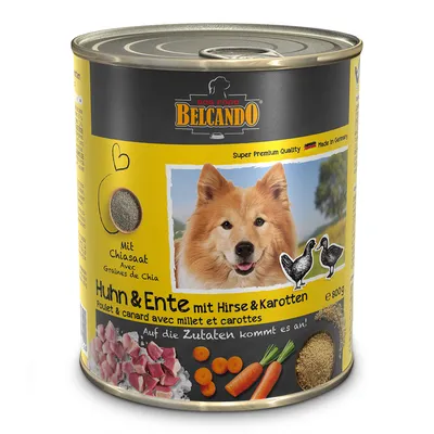 Boîte Belcando Dog Food 800 g, poulet et canard avec millet et carottes, graines de chia, photo d’un chien, images de viande, carottes et millet. Texte en allemand et français visible.