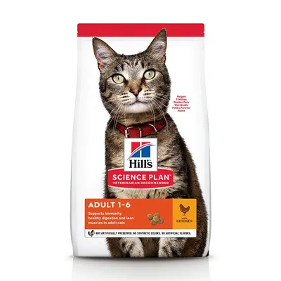 Sac de croquettes Hill's Science Plan Adult 1-6 pour chats, avec poulet. Texte visible en anglais : supports immunity, healthy digestion and lean muscles in adult cats. Sans conservateurs artificiels.