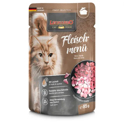 Leonardo Cat Food masové menu, s lososovým olejem, receptura bez obilovin, bez přidaného cukru, super prémiová kvalita, 85g, vyrobeno v Německu.