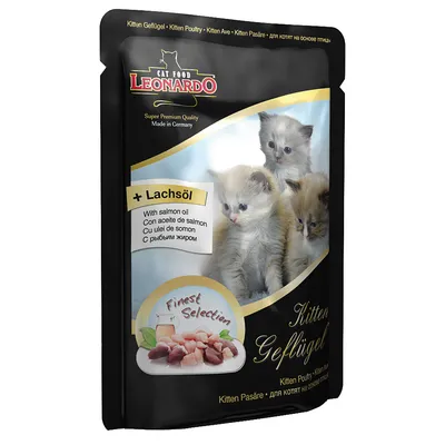 LEONARDO Cat Food Kitten Geflügel, s natpisom '+ Lachsöl' i slikom mačića. Prikaz komadića hrane i oznaka 'Finest Selection'. Tekst na više jezika o ulju lososa.