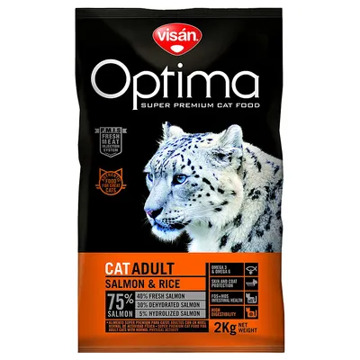Visán Optima Super Premium Cat Food, CAT ADULT Salmon & Rice, 2 kg. 75 % lax: 40 % färsk, 30 % torkad, 5 % hydrolyserad. Omega 3 & 6, hud- och pälsvård, hög smältbarhet.