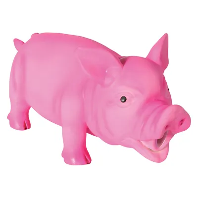 Różowa zabawka w kształcie świni wykonana z tworzywa sztucznego, widoczny otwór w pysku. Brak widocznych marek lub tekstu.