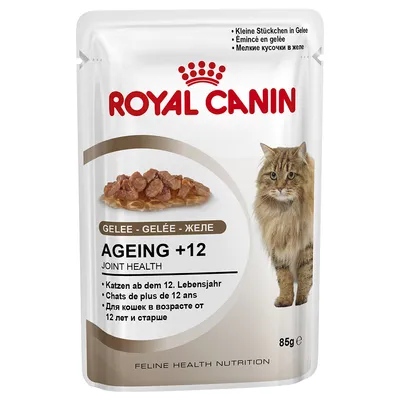 Royal Canin Ageing +12 Joint Health våtfoder för katt, 85 g. Bild på små bitar i gelé och långhårig katt. Text: Gelee, för katter från 12 år. Feline Health Nutrition.