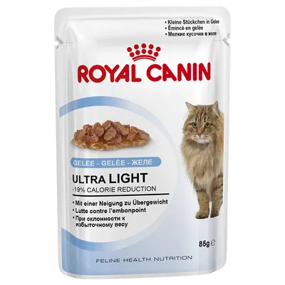Royal Canin Ultra Light Gelee våtfoder för katt, -19% calorie reduction, 85 g. Bild på foderbitar i gelé och en långhårig katt. Text på flera språk om viktkontroll.