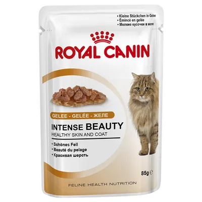 Royal Canin Intense Beauty Gelee 85g, bild på katt och små bitar i gelé. Text: Healthy skin and coat, Schönes Fell, Beauté du pelage, Красивая шерсть.