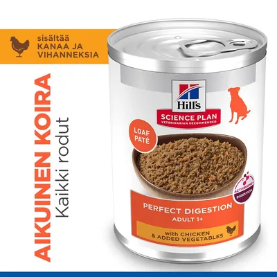 Hill's Science Plan Perfect Digestion Adult 1+ Loaf Paté kanalla ja vihanneksilla, aikuisille koirille kaikille roduille. Sisältää AktivBiome+, ruoansulatuksen tukemiseen. Hill's Science Plan Perfect Digestion Adult 1+ Loaf Paté kanalla ja vihanneksilla, aikuisille koirille kaikille roduille. Sisältää AktivBiome+, ruoansulatuksen tukemiseen.
