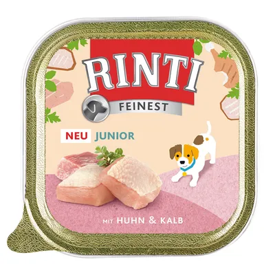 Rinti Feinest NEU Junior natvoer, mit Huhn & Kalb, afbeelding van stukjes kip en kalfsvlees, illustratie van puppy op de verpakking.
