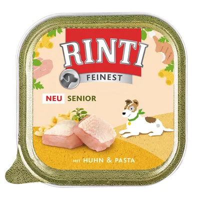 Rinti Finest Senior, NEU, mit Huhn & Pasta. Afbeelding van natvoer voor honden met stukjes kip en pasta op de verpakking.