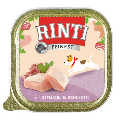 RINTI FINEST hondenvoer verpakking, zichtbaar: stukjes vlees, illustratie van hond, tekst 'mit Geflügel & Schinken'.