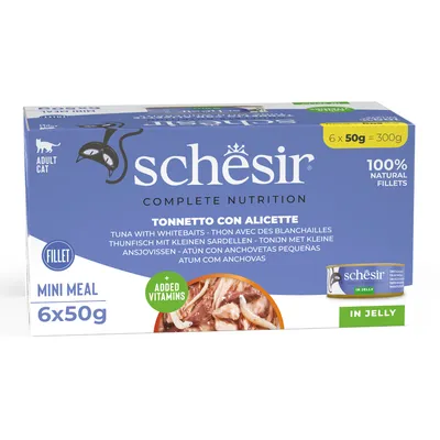 Schesir Mini Meal за възрастни котки, риба тон с малки сардели в желе, 6x50g = 300g, 100% натурални филета, с добавени витамини.