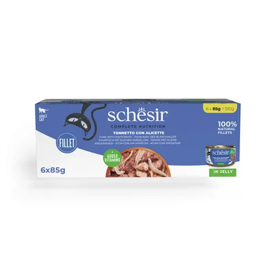 Schesir Complete Nutrition, риба тон с малки сардини в желе, 6x85g, 100% натурални филета, с добавени витамини. За възрастни котки.