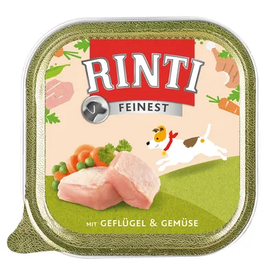 Rinti Finest natvoer, zichtbare blokjes vlees met wortel en erwt. Tekst: Rinti Finest, mit Geflügel & Gemüse. Illustratie van hond en groenten op de verpakking.