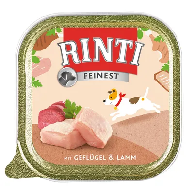 Rinti Finest hondenvoer verpakking, zichtbaar: stukjes vlees, merknaam Rinti, tekst 'Feinest' en 'mit Geflügel & Lamm', illustratie van hond met rode halsdoek.